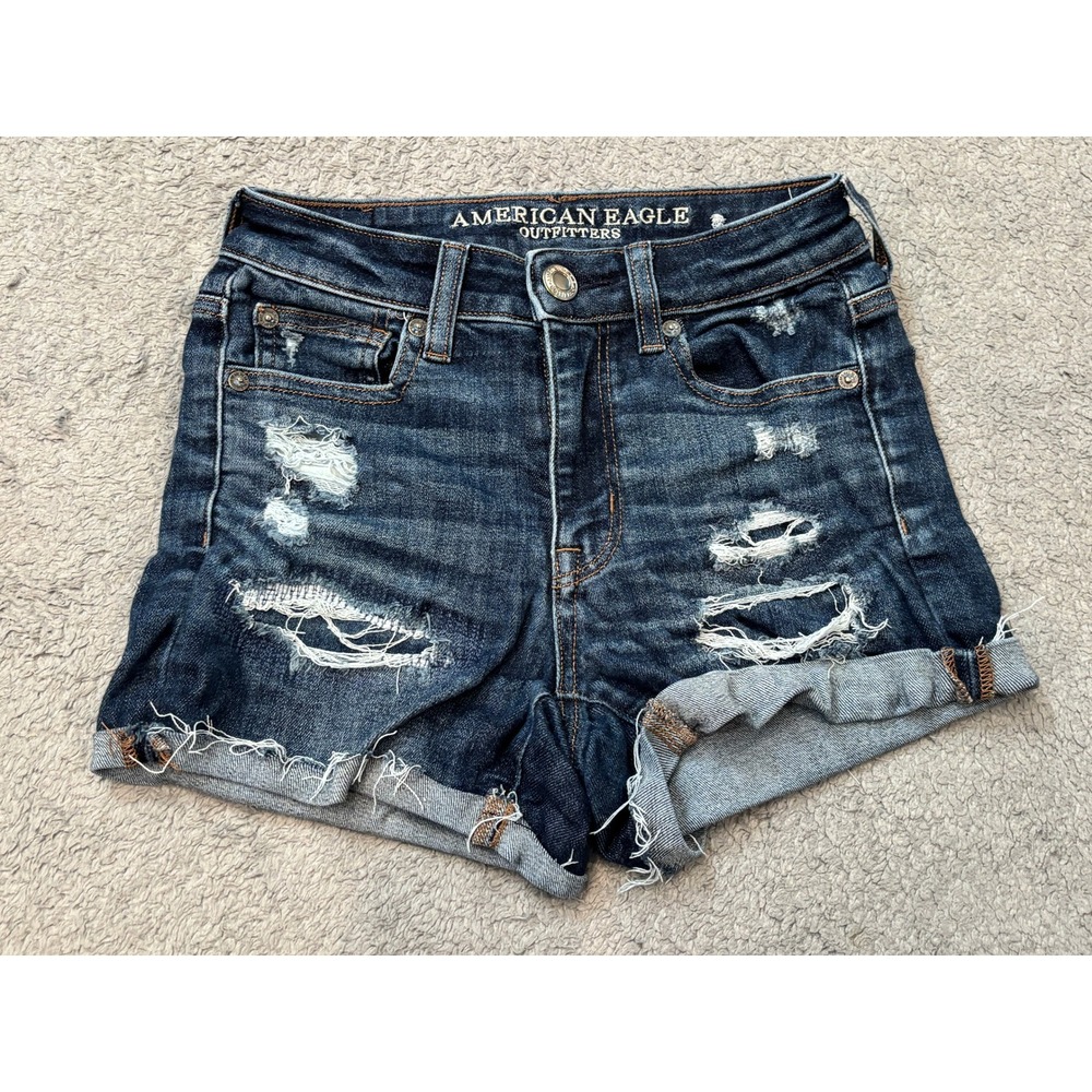American Eagle Hi-Rise Shortie Distressed Denim Jean Shorts Dark Wash Size 0